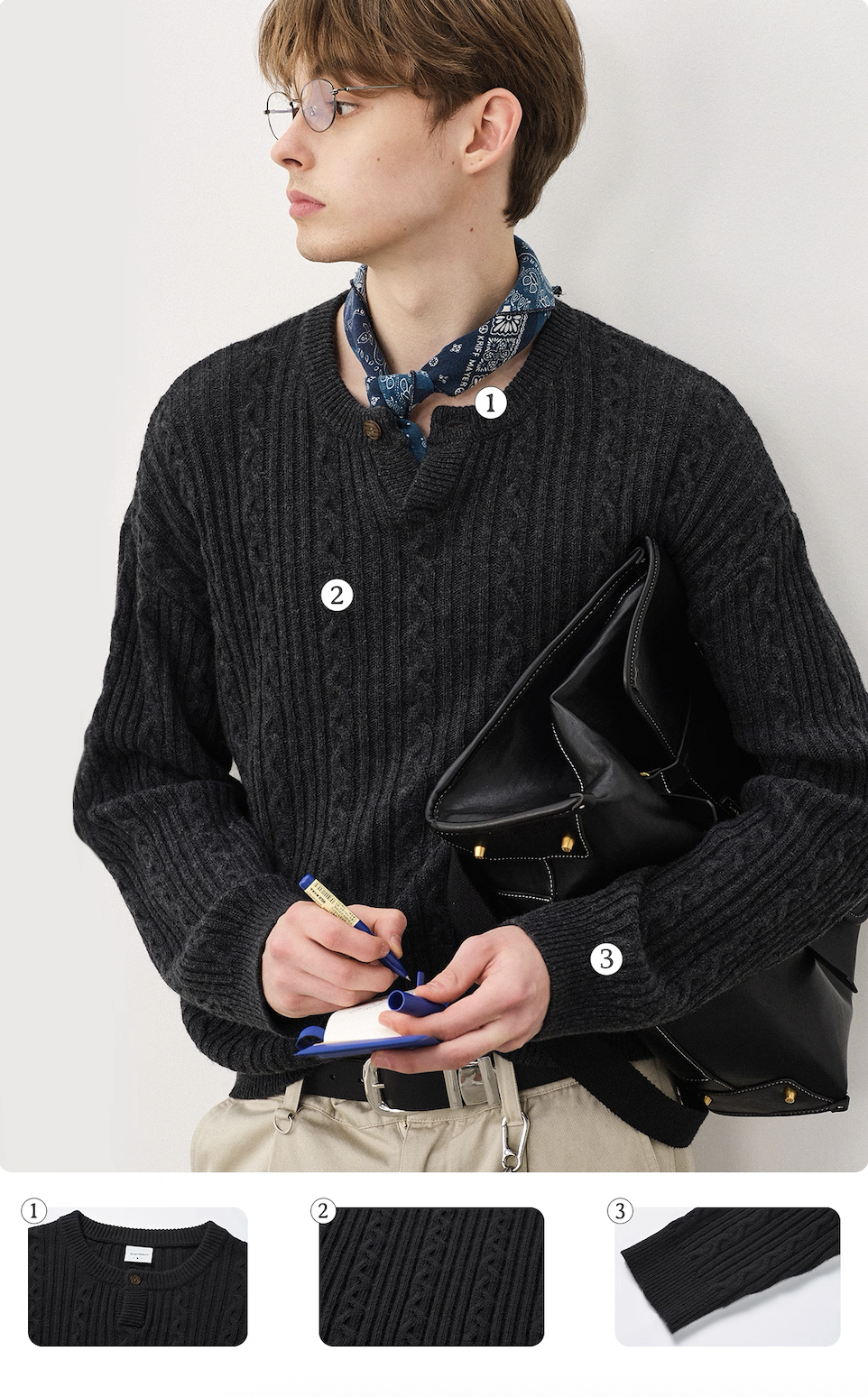 Side view of unisex charcoal wool blend Henley cable sweater