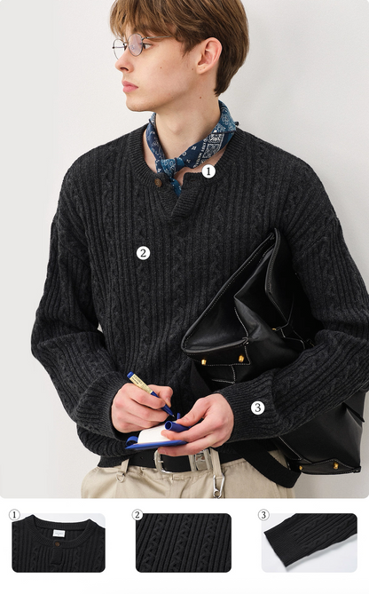 Side view of unisex charcoal wool blend Henley cable sweater