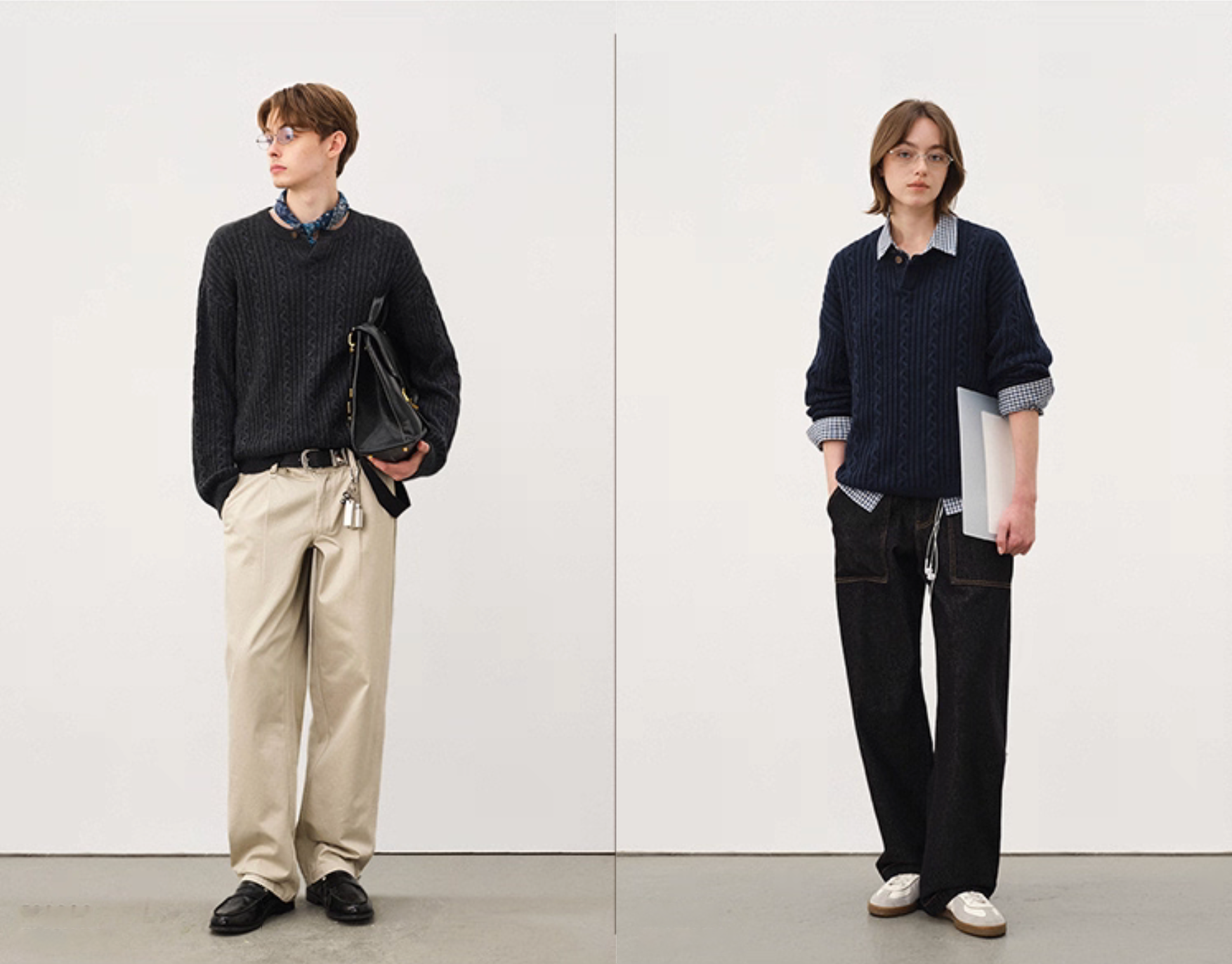 Male and female models styling charcoal and navy Henley cable sweaters