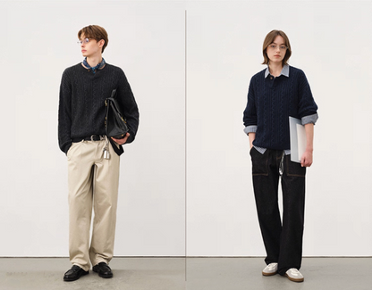 Male and female models styling charcoal and navy Henley cable sweaters