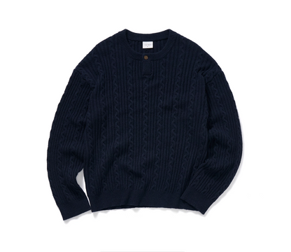 Flatlay of navy wool Henley cable-knit sweater