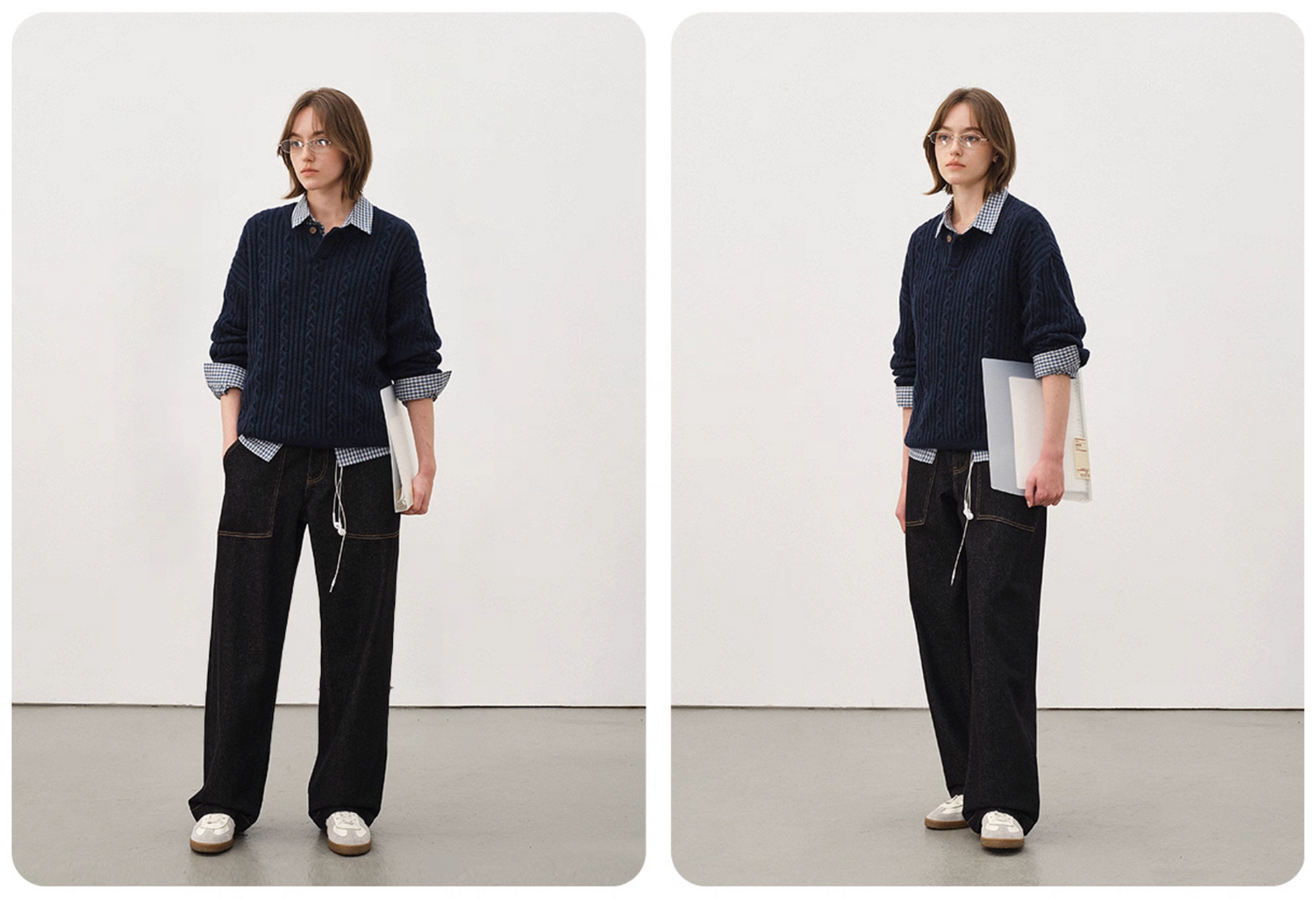 Women’s navy Henley cable-knit sweater styled with checked shirt and wide-leg jeans, casual smart-casual outfit for office or campus