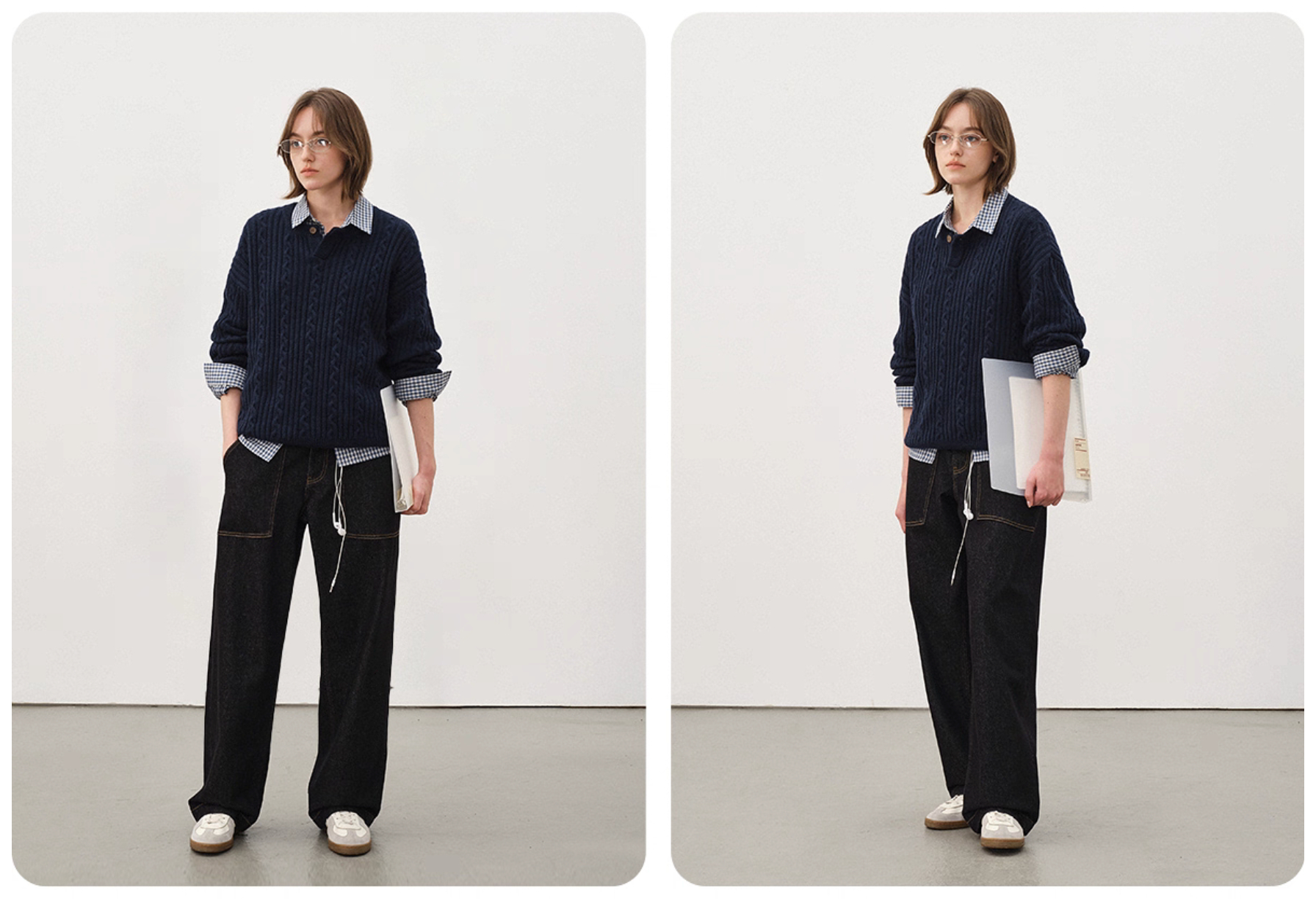 Women’s navy Henley cable-knit sweater styled with checked shirt and wide-leg jeans, casual smart-casual outfit for office or campus
