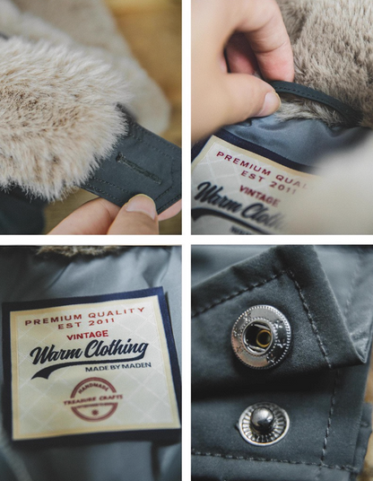 Close-up of faux-fur collar, metal snap button, and inner label showing premium stitching.