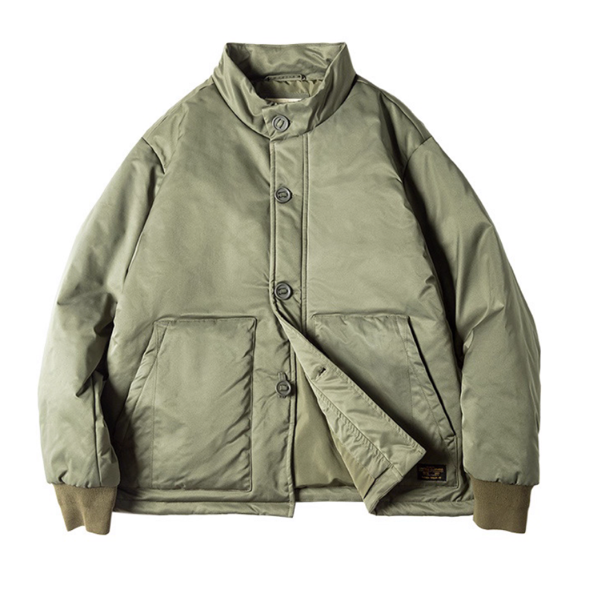 Army green stand-collar padded jacket laid flat, button front visible.