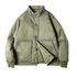 Army green stand-collar padded jacket laid flat, button front visible.