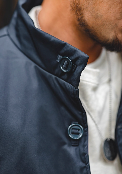 Close-up of navy jacket stand collar with button fastening detail.