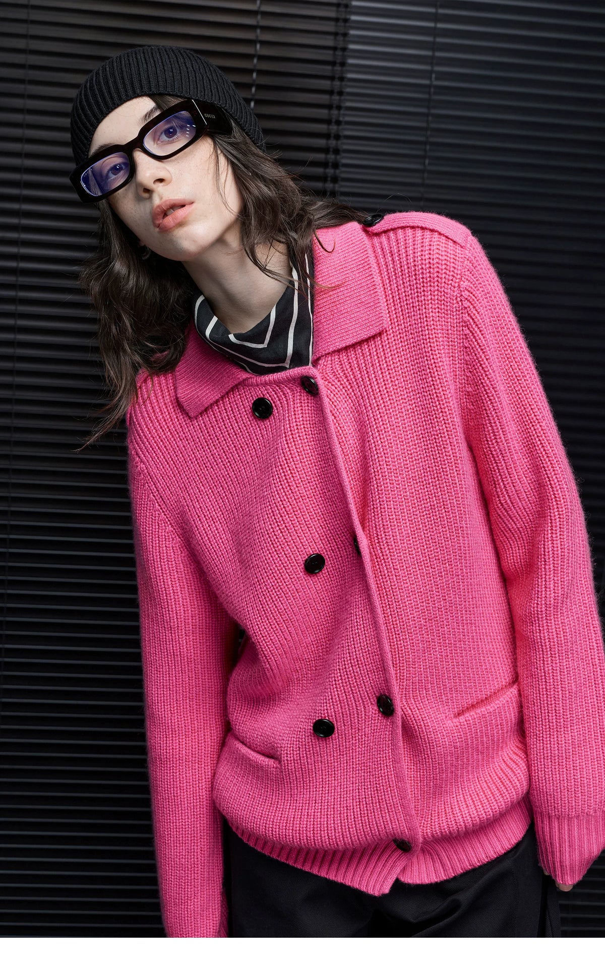 Hot Pink wool-blend cardigan showing collar, shoulder button tab and double row of black buttons