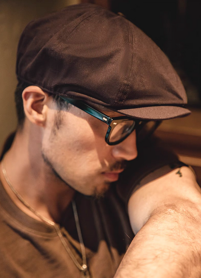 Close up of Hudson Cotton Blend Newsboy Cap coffee red highlighting textured cotton fabric stitching details and structured crown design

