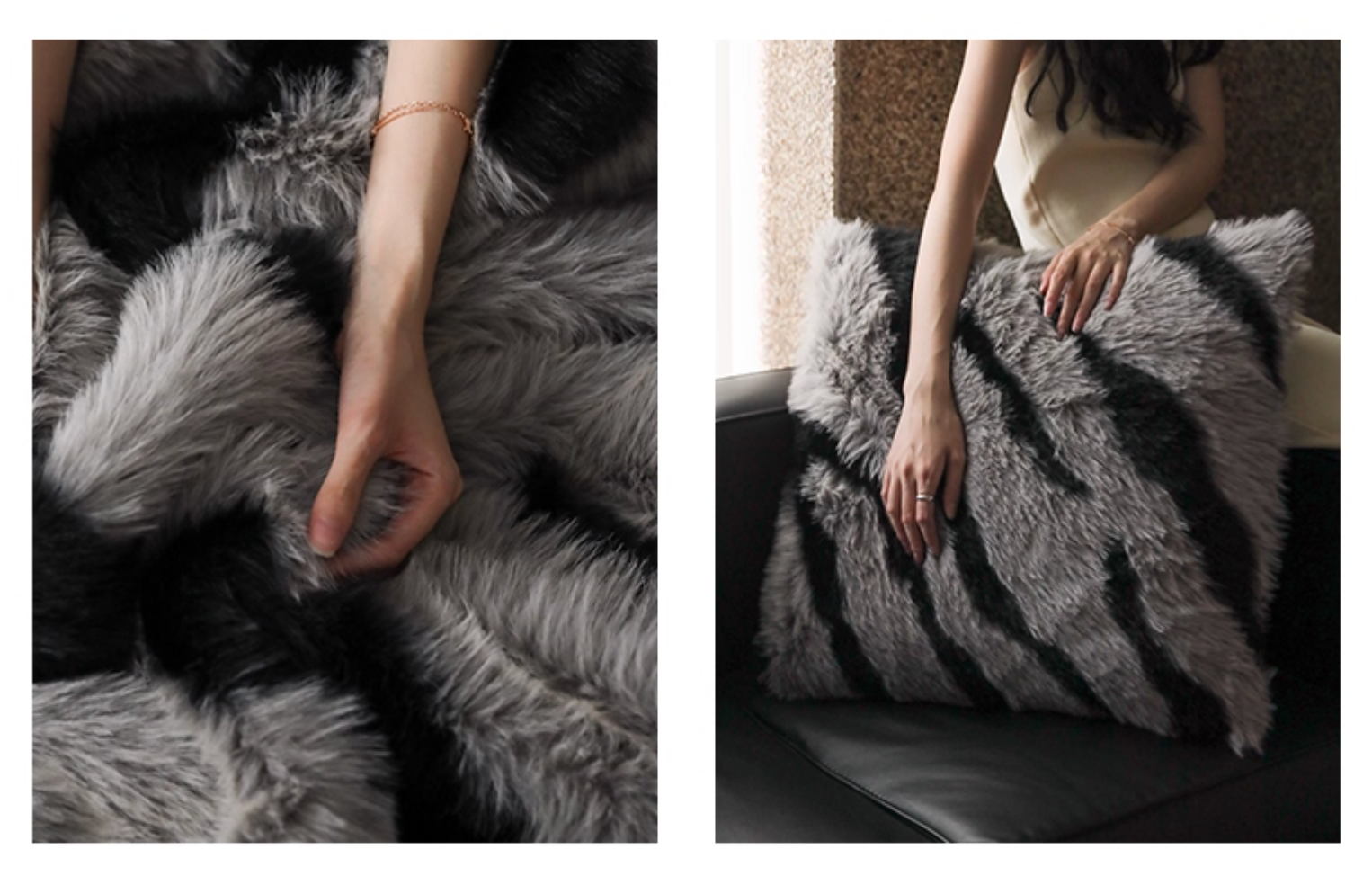 Close-up of plush faux fur zebra stripe pillow reversible soft touch gray black