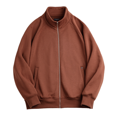 Warm clay brown double-fleece zip sweatshirt jacket, front flat lay