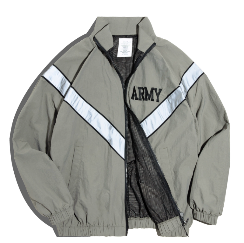 Khaki gray ARMY training jacket flat lay with reflective V-stripes and mesh lining.