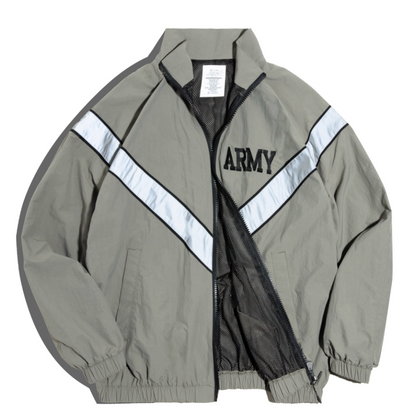 Khaki gray ARMY training jacket flat lay with reflective V-stripes and mesh lining.