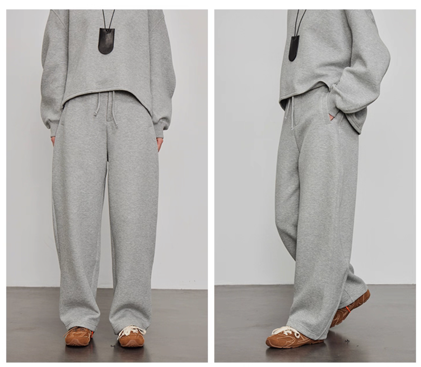 Close-up of grey wide-leg pants waistband and pocket detail