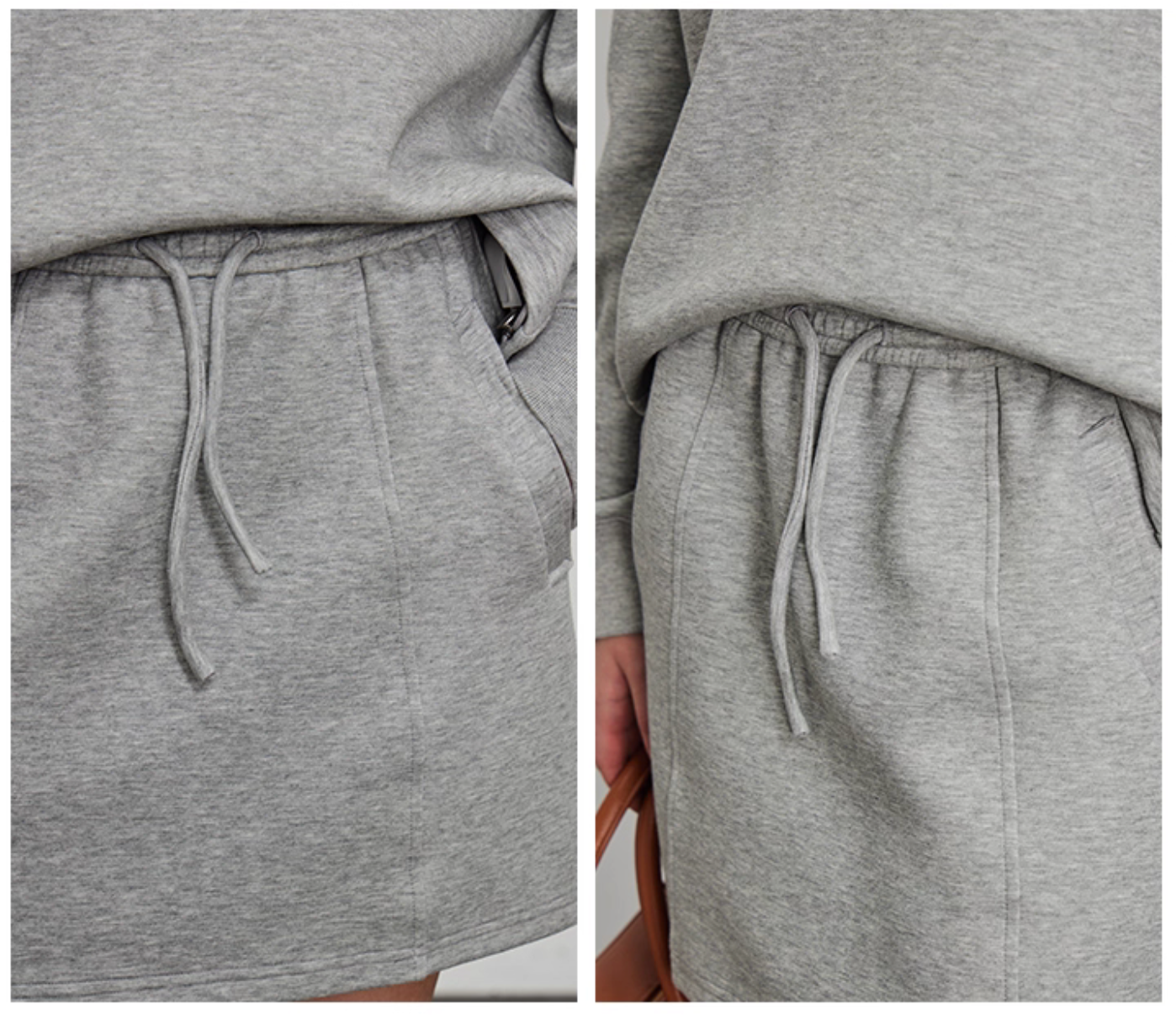Elastic waist and drawstring detail of grey cotton blend skirt
