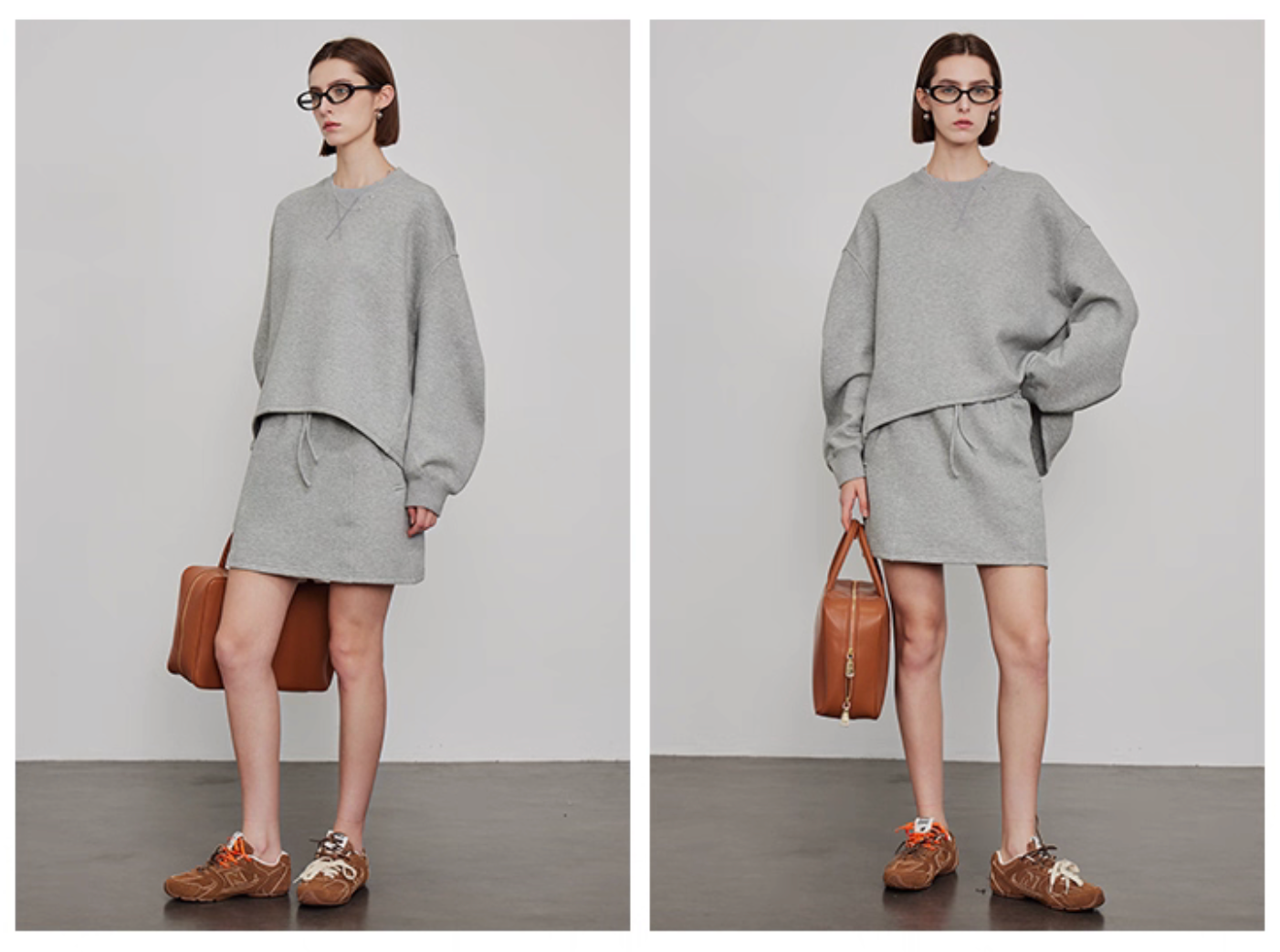 Model styling grey sweatshirt and mini skirt with sneakers