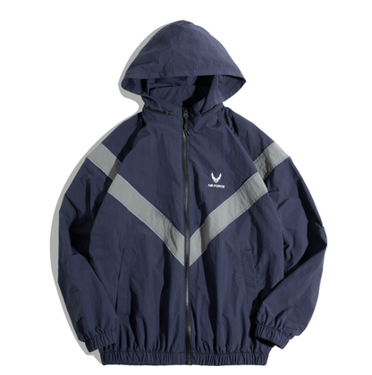 Navy blue AIR FORCE training jacket flat lay with reflective V-stripes and hood.