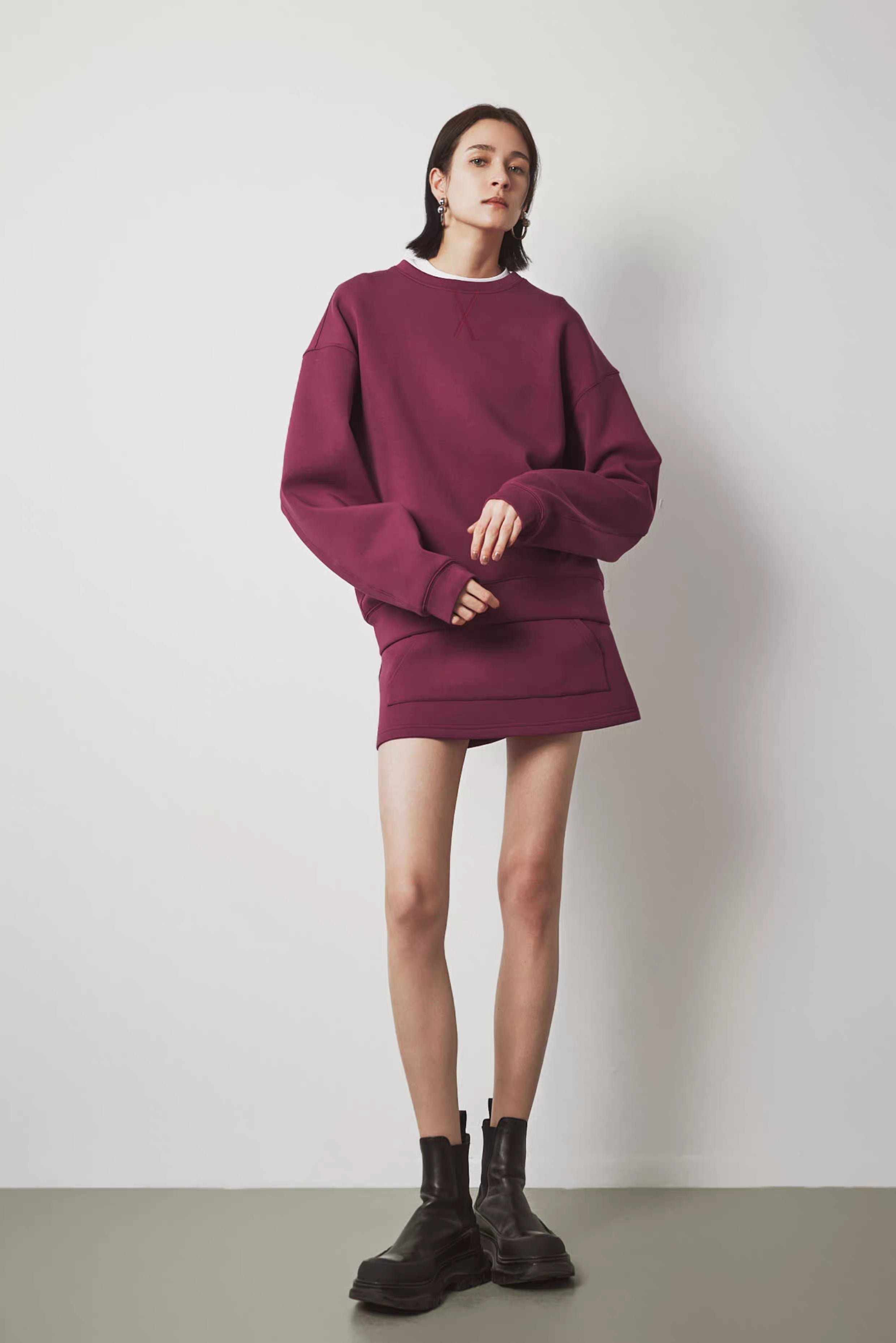 Full outfit view of women’s oversized burgundy hoodie &amp; skirt set – fall winter casual look