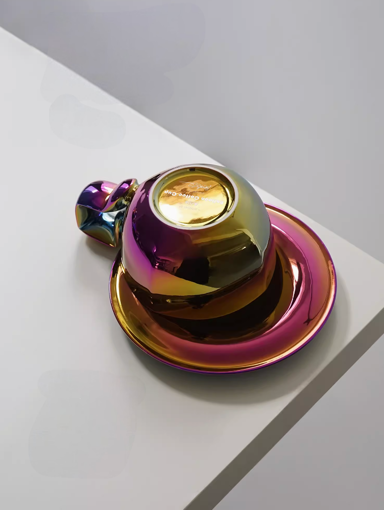 Deep Purple Red iridescent ceramic coffee mug and saucer bottom view showing base detail and finish