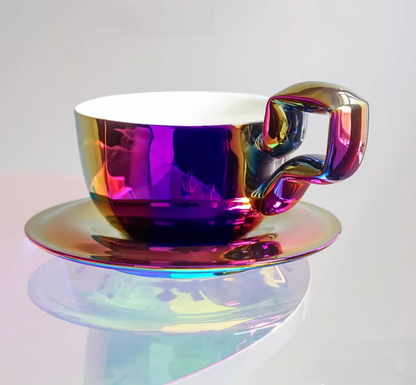 Deep Purple Red iridescent balloon-handle ceramic coffee mug with saucer, front view highlighting reflective metallic glaze