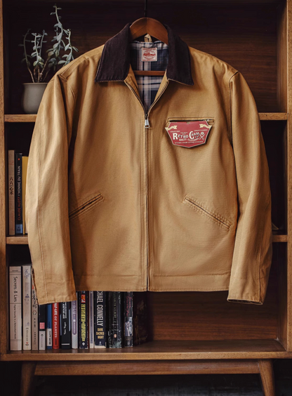 Ironclad Canvas Work Jacket khaki front hanging display showing zip closure spread collar and front welt pockets in durable cotton canvas