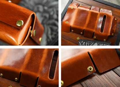 Close-ups of caramel leather tissue box components showing texture, stitching, and brass hardware.