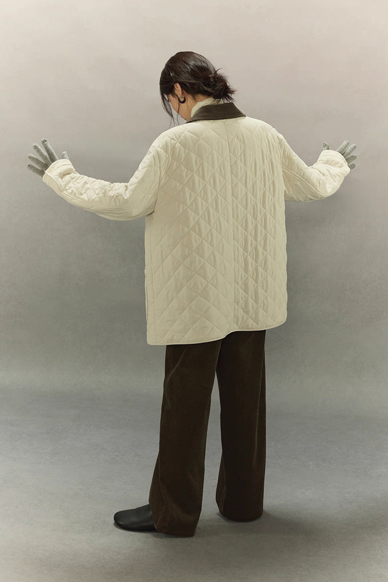 full-body back view highlighting diamond quilt pattern
