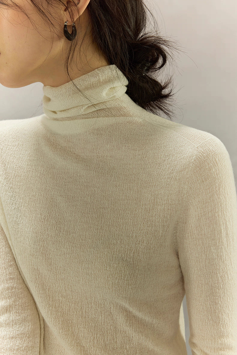 Ivory White turtleneck neckline showing seamless construction and fine texture.
