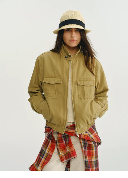 Khaki cropped utility jacket with stand-up collar and pleated flap pockets, front view