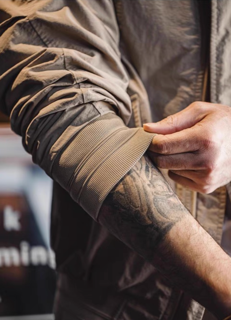 Ribbed cuff detail on khaki Harrington G9 Taslon jacket