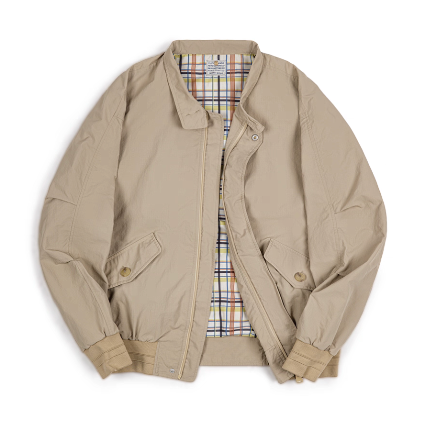 Khaki Harrington G9 Taslon jacket flat lay with plaid lining