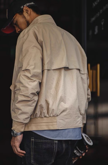 Back view of khaki Harrington G9 jacket with umbrella vent
