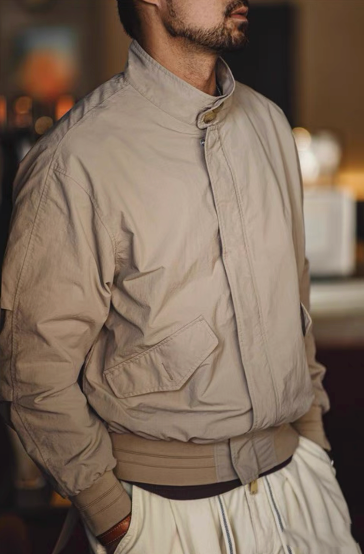 Man wearing khaki Harrington G9 Taslon jacket, front view