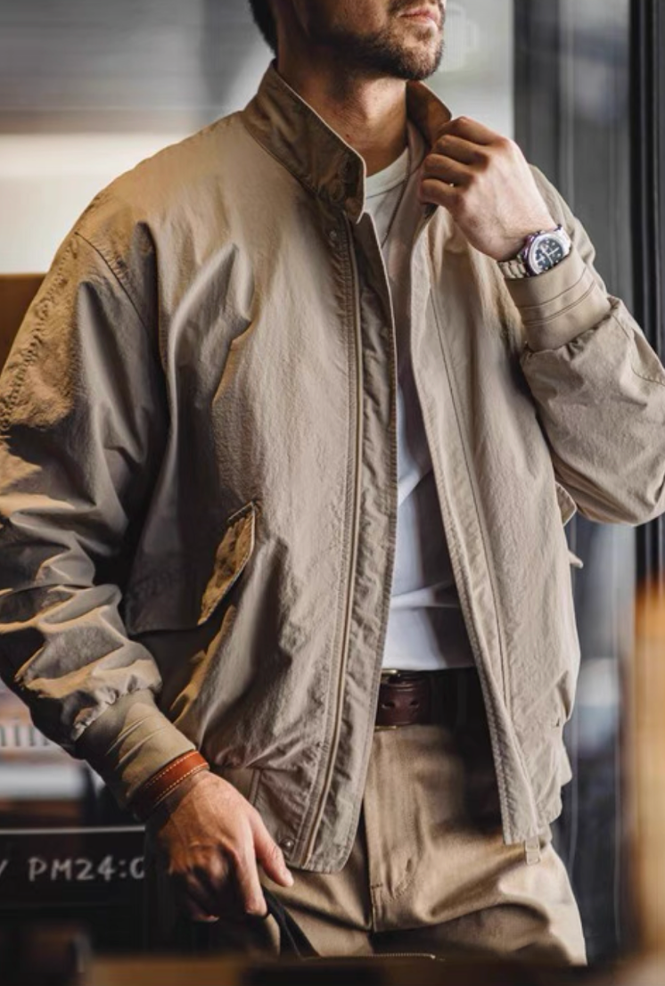 Open khaki Harrington G9 Taslon jacket showing plaid lining