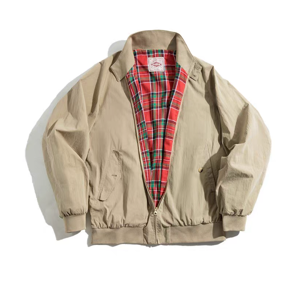 Men’s khaki Harrington jacket front view with Fraser tartan lining