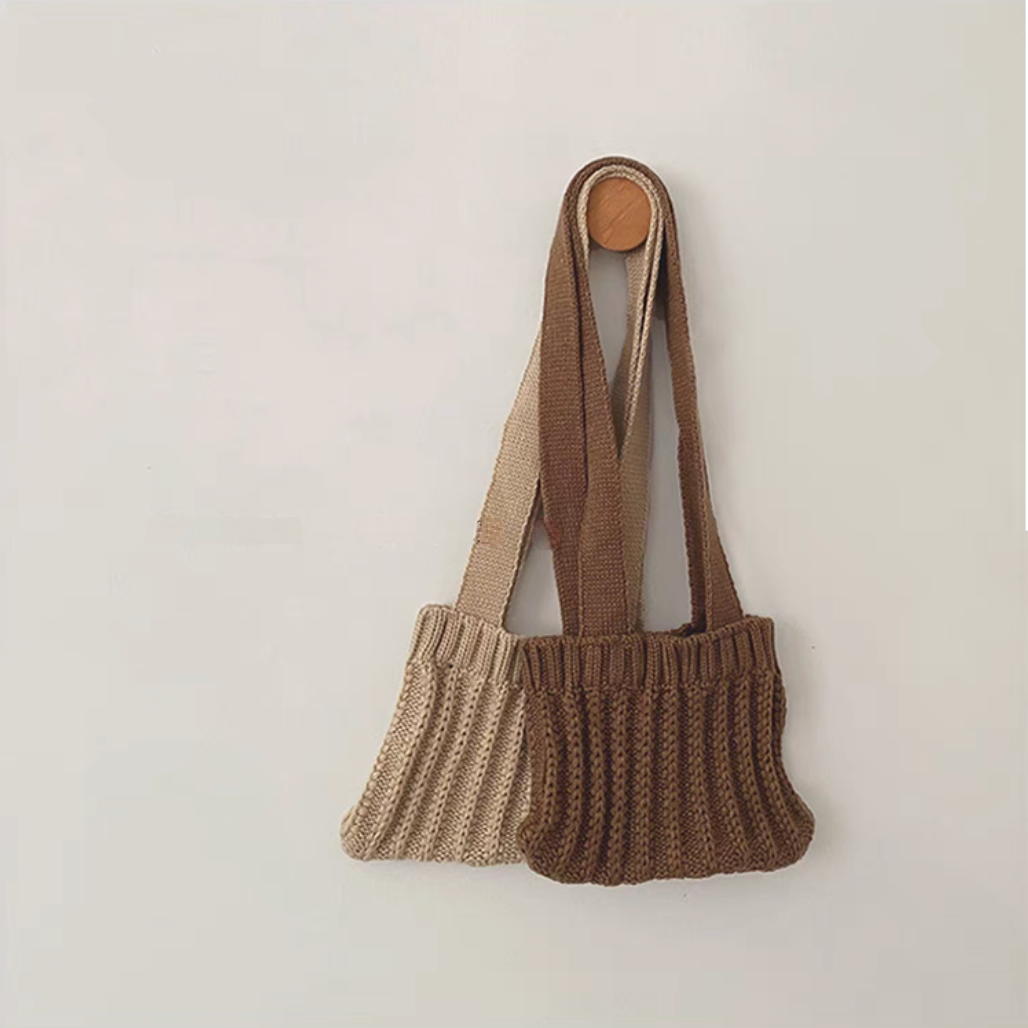 Kids knit crossbody bag in mixed coffee and beige colors with ribbed cotton texture front view