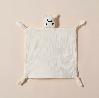 Cream White knotted corner muslin baby comfort cloth with plush animal head laid flat