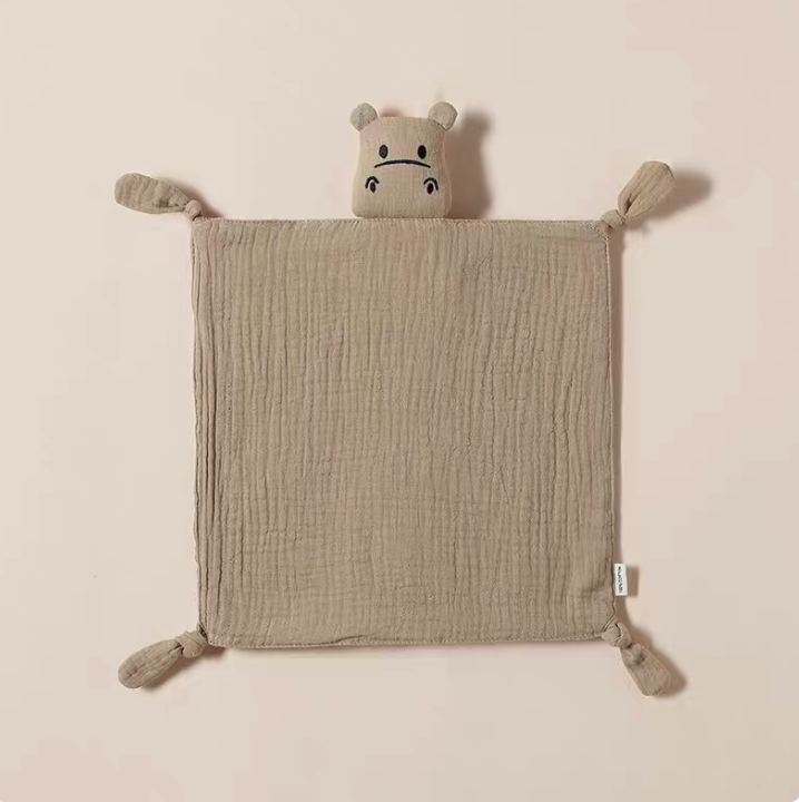 Deep Khaki knotted corner muslin baby comfort cloth with plush animal head displayed flat