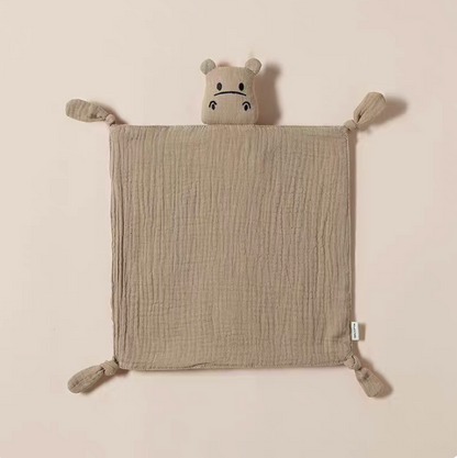 Deep Khaki knotted corner muslin baby comfort cloth with plush animal head displayed flat