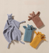Gray muslin baby comfort cloth set with plush animal lovey and multiple color options displayed on neutral background