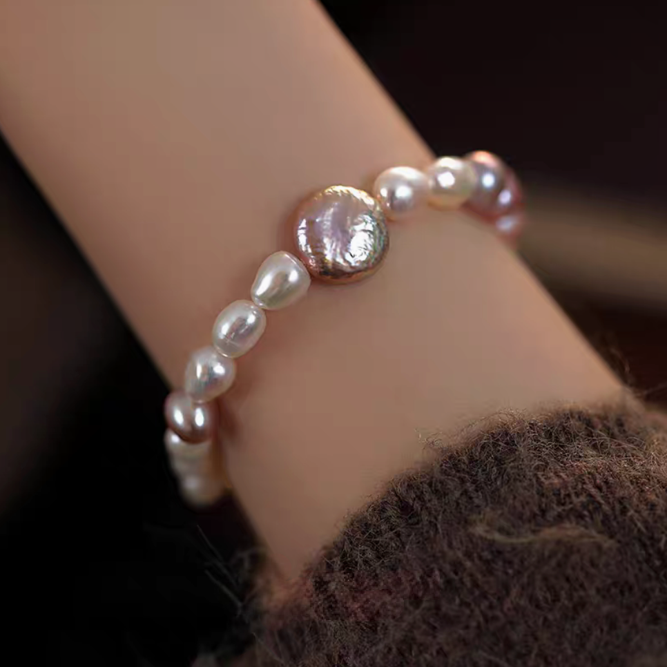 Lavender baroque pearl bracelet worn on wrist showcasing natural freshwater pearls with elegant everyday styling