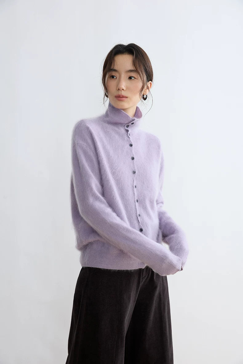 Lavender wool cashmere cardigan, front view on model