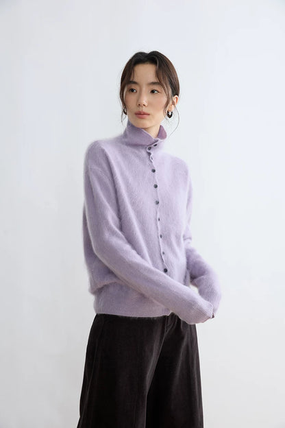 Lavender wool cashmere cardigan, front view on model