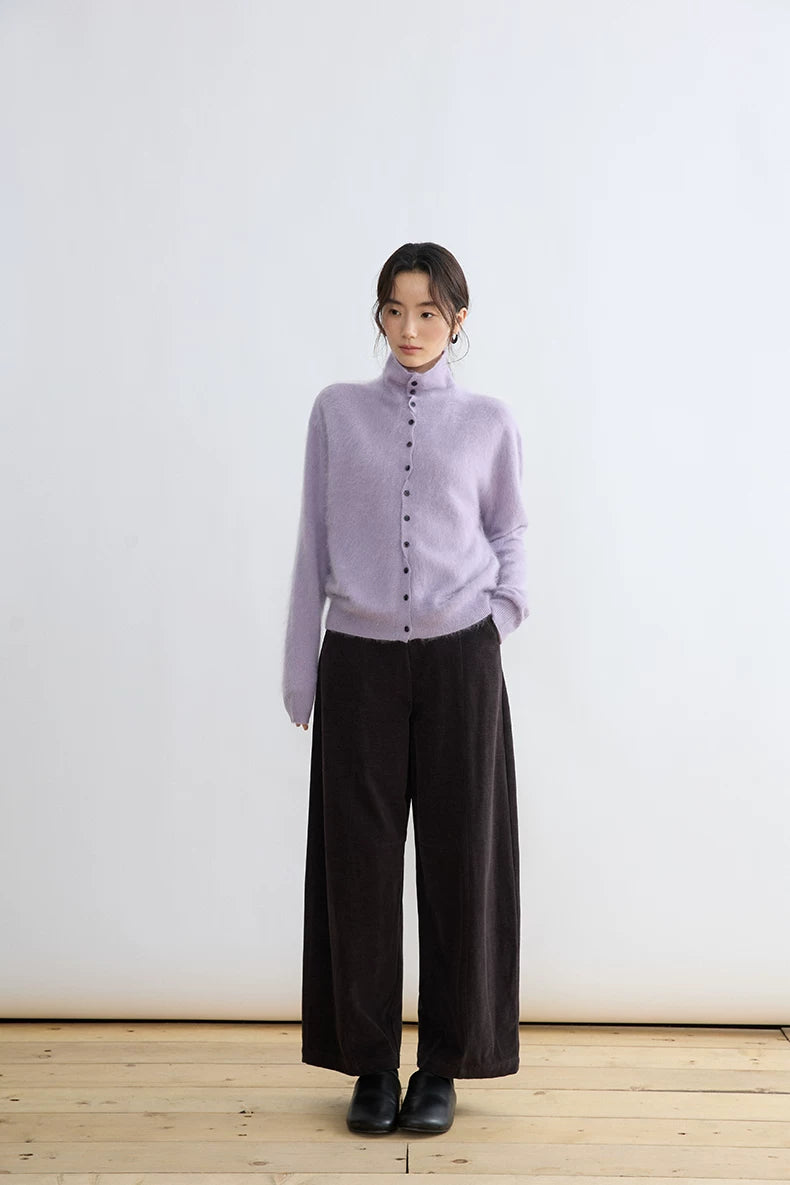 Lavender brushed wool cardigan, full-length front view