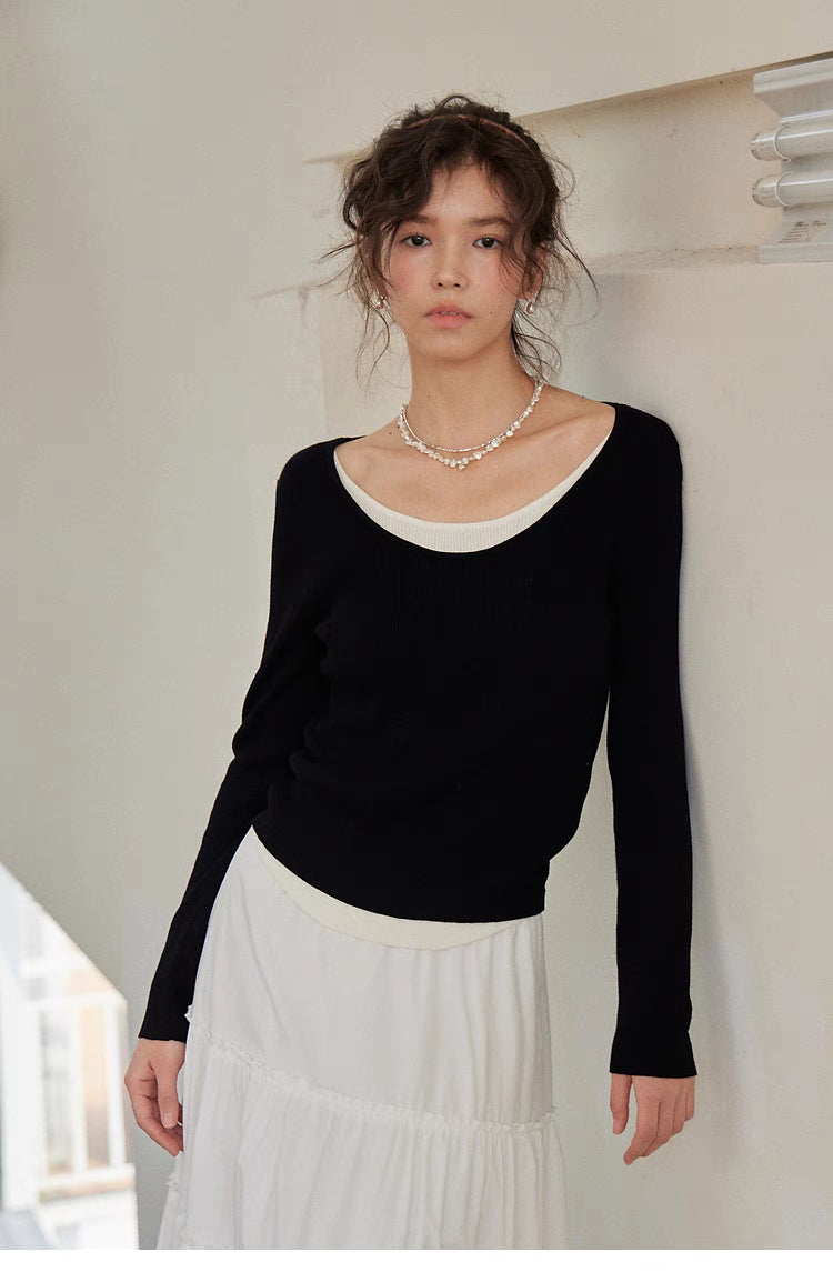 Layered Elegance Knit Sweater Top black front view portrait layered neckline slim fit elegant styling