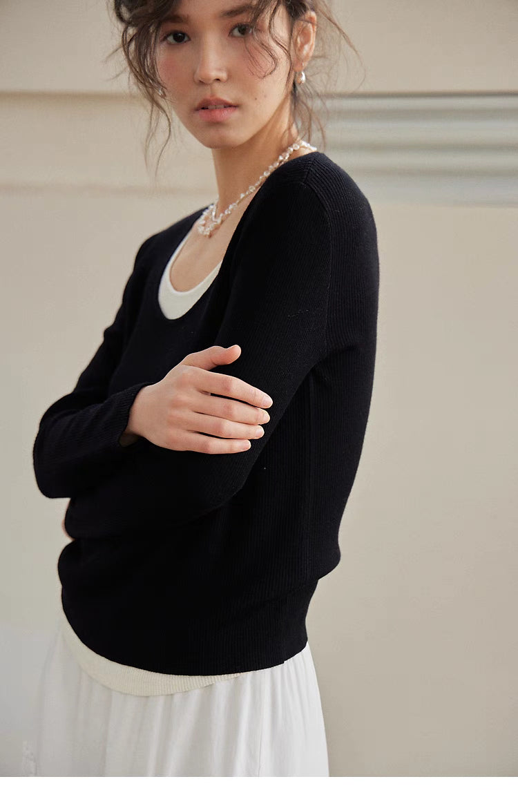 Layered Elegance Knit Sweater Top black side view upper body slim fit soft knit texture