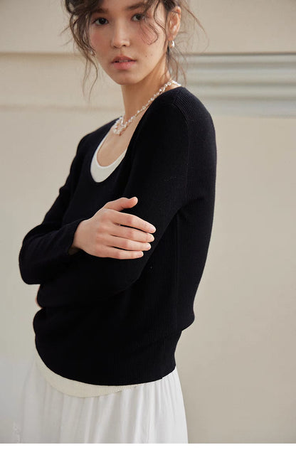 Layered Elegance Knit Sweater Top black side view upper body slim fit soft knit texture