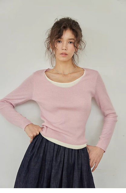 Layered Elegance Knit Sweater Top pink front view portrait slim fit layered neckline feminine styling