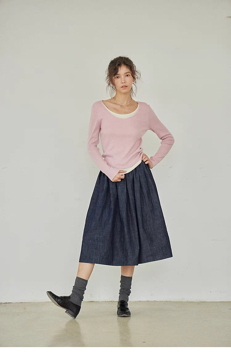 Layered Elegance Knit Sweater Top pink full body outfit with skirt slim fit casual elegant look
