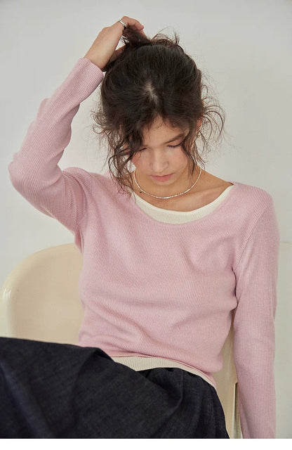 Layered Elegance Knit Sweater Top pink sitting lifestyle relaxed pose slim fit everyday wear